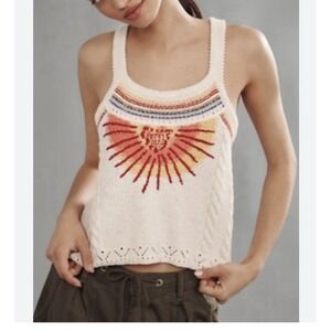 Pilcro Sunshine Motif Fringed Crop Sweater Tank XS
